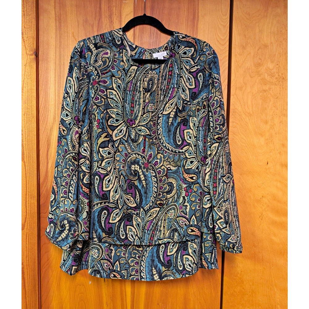 J. Jill Blue Purple Beige Paisley Woven Layered Blouse Long Sleeve Plus 2X